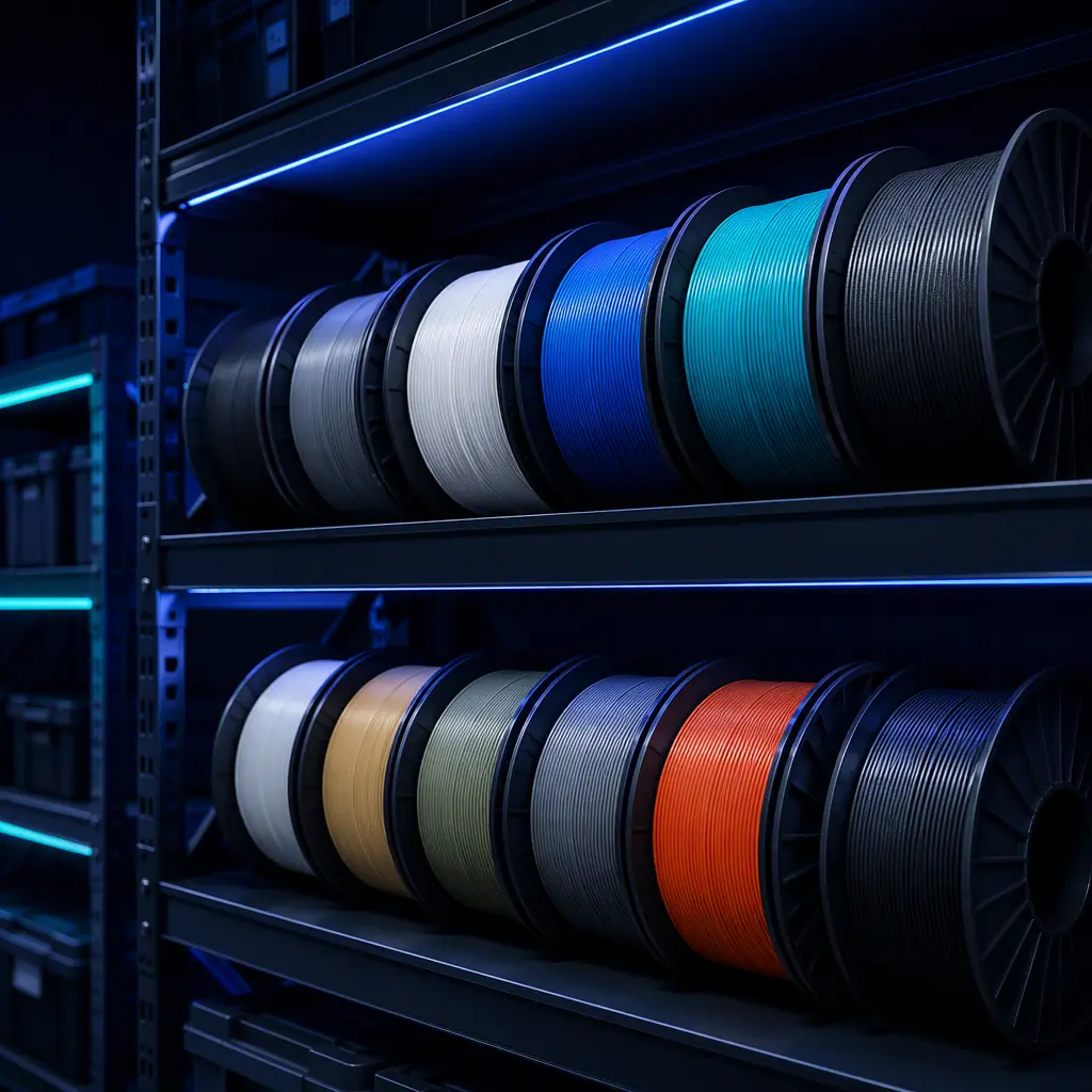 An assortment of engineering filament spools on a warehouse shelf, dark navy industrial lighting with blue highlights