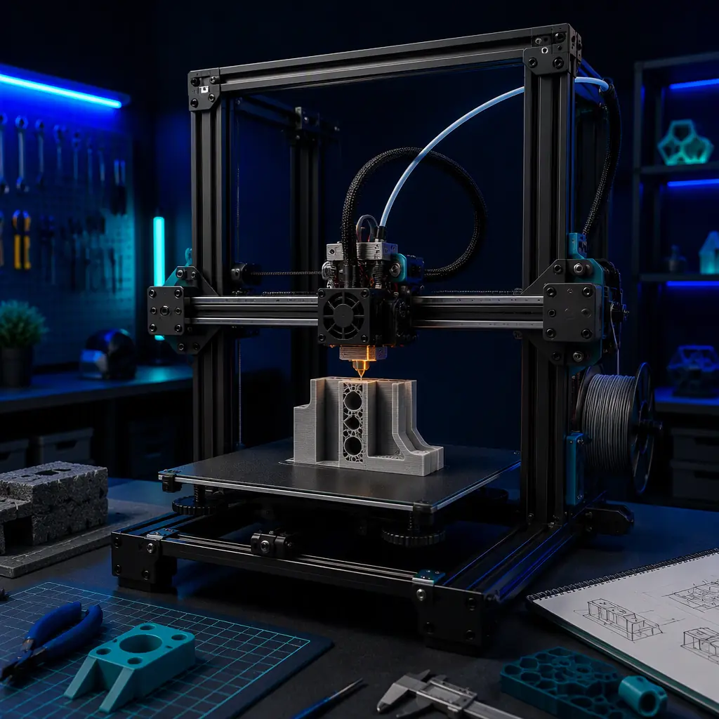 Open 3D printer with a visible hotend and nozzle printing a fire-rated part in an industrial workspace