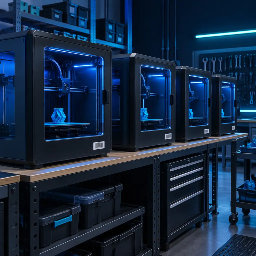 Photograph of a row of identical enclosed 3D printers in a workshop, each with a small barcode asset label affixed to the lower front panel