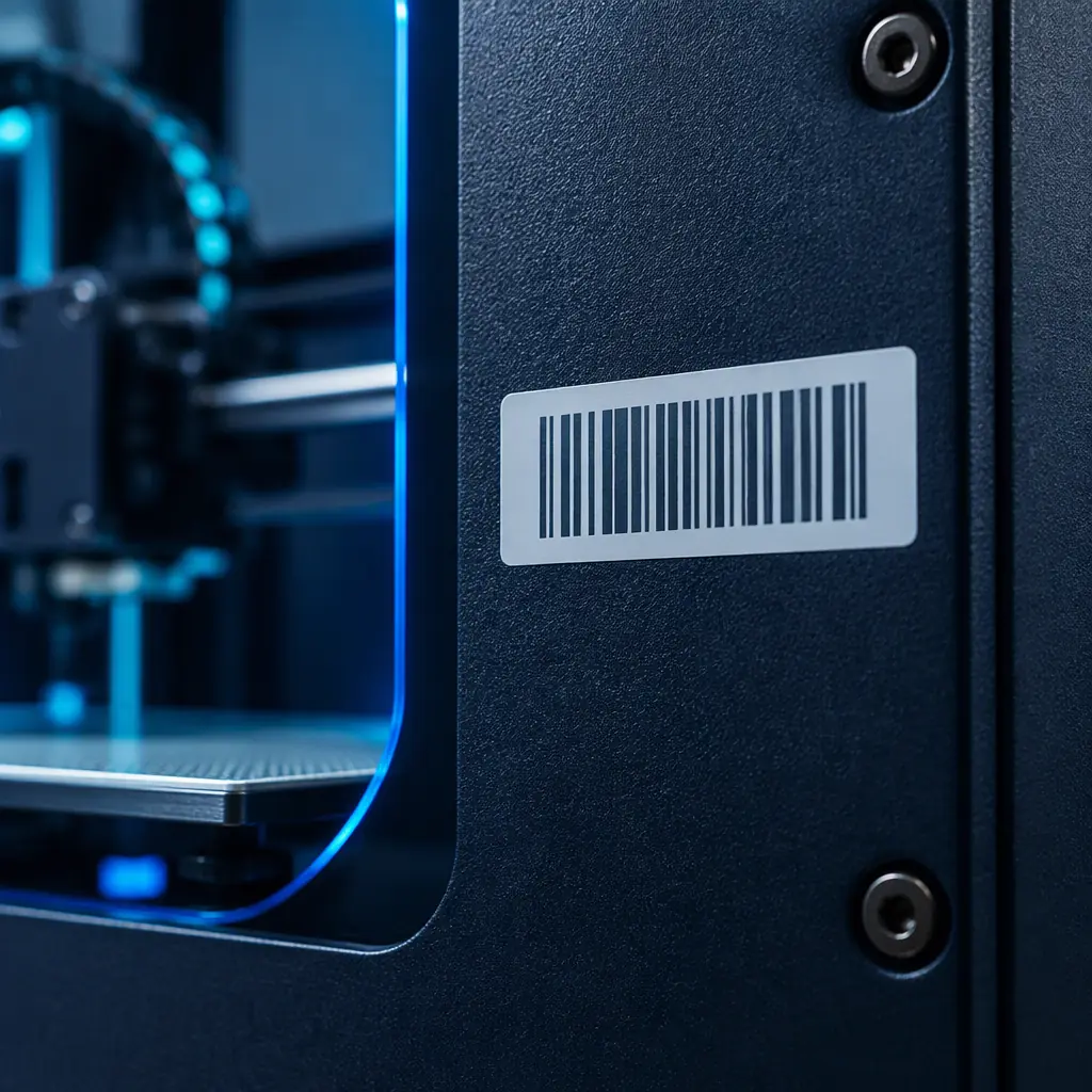 Close-up macro photograph of a barcode asset label on the powder-coated steel panel of an enclosed 3D printer