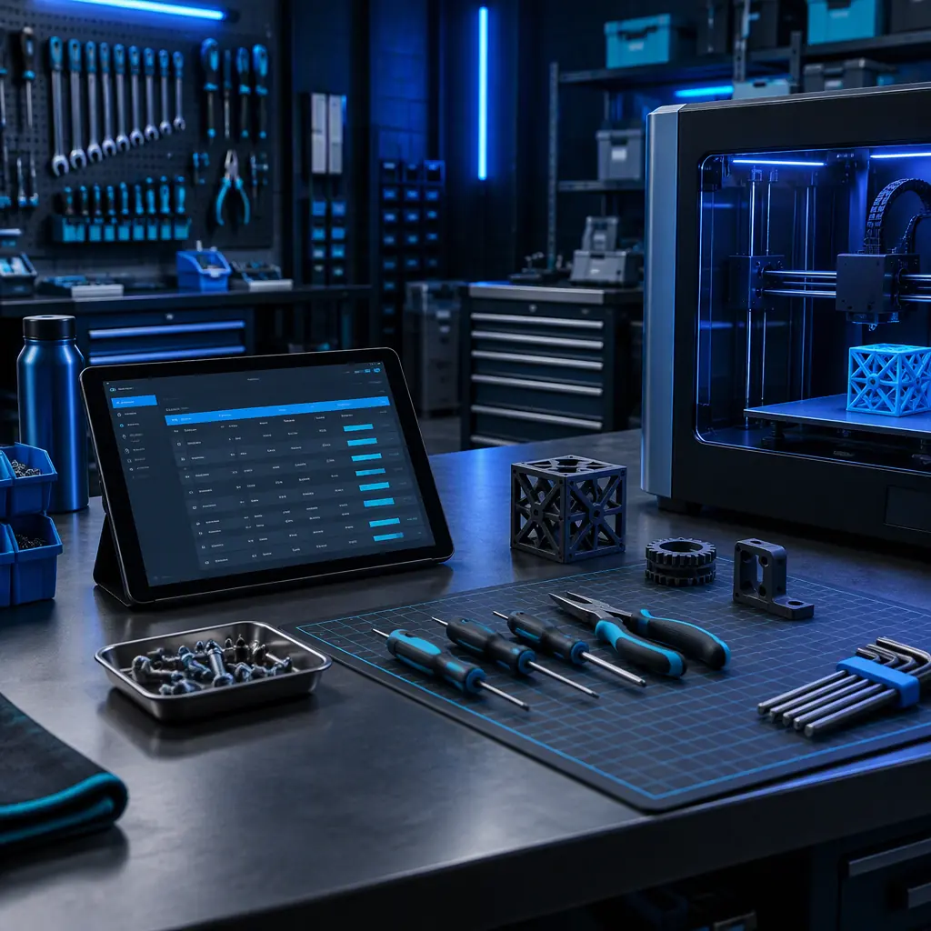 Photograph of a maintenance technician's workstation with a tablet showing a spreadsheet beside a 3D printer, tools neatly arranged on the bench