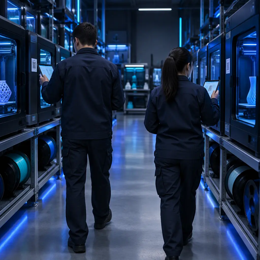Photograph of two people in the background walking a print farm aisle with a tablet, checking asset labels against a rack of printers, no faces visible