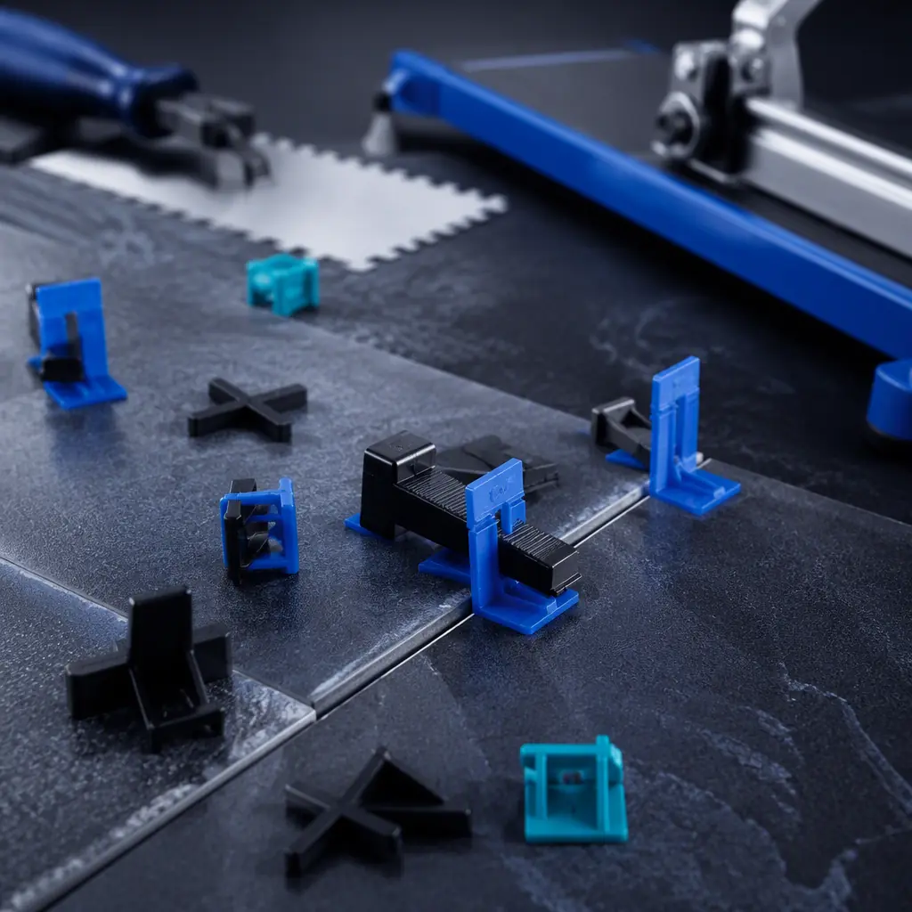 Macro close-up of 3D printed tile spacers and leveling clips in PA-CF on a tile installation work surface, trowel and tile cutter nearby, photorealistic, no people, no text, no logos