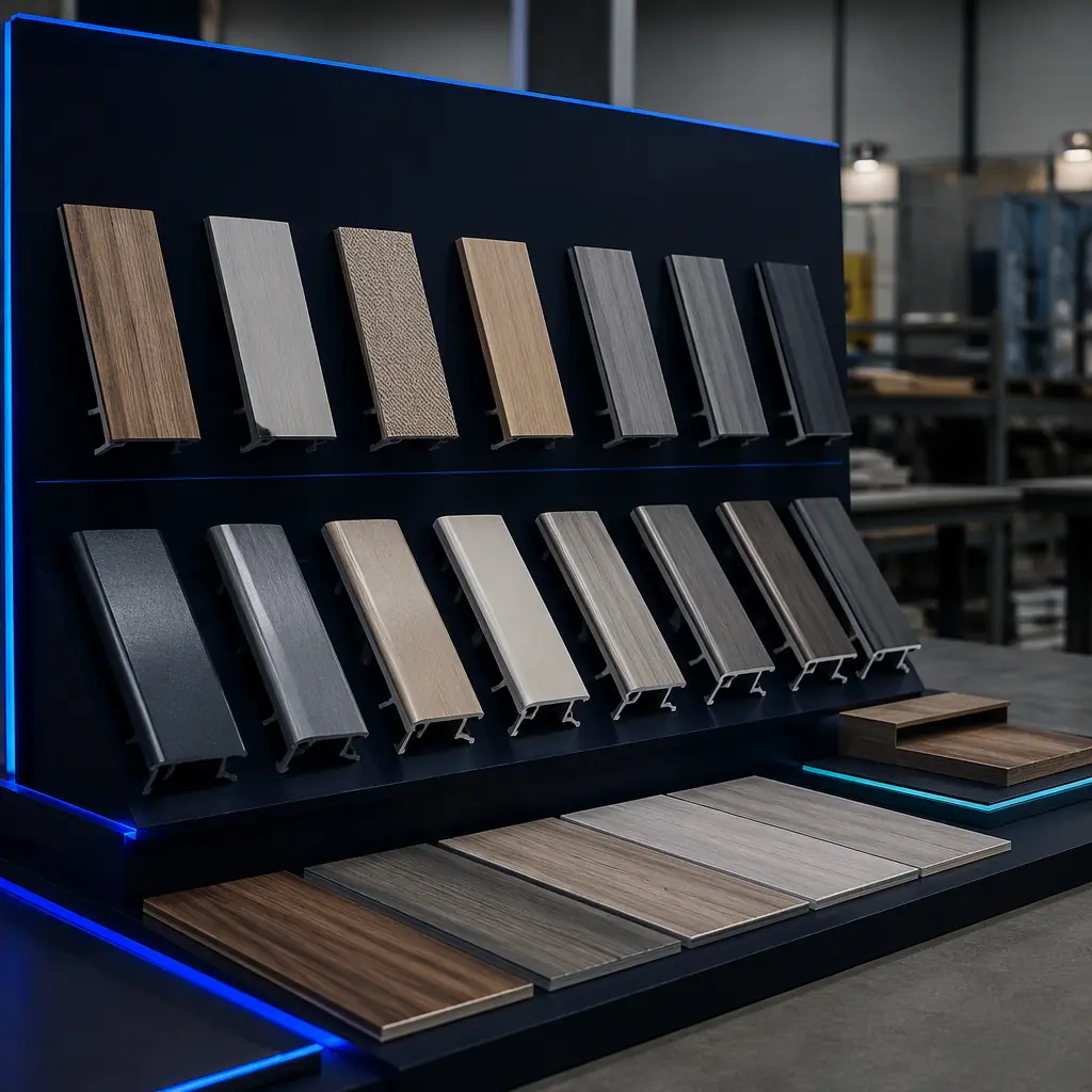 3D printed transition profile and stair nosing prototypes in ABS painted to match flooring samples, on a flooring showroom display, photorealistic, no people, no text, no logos