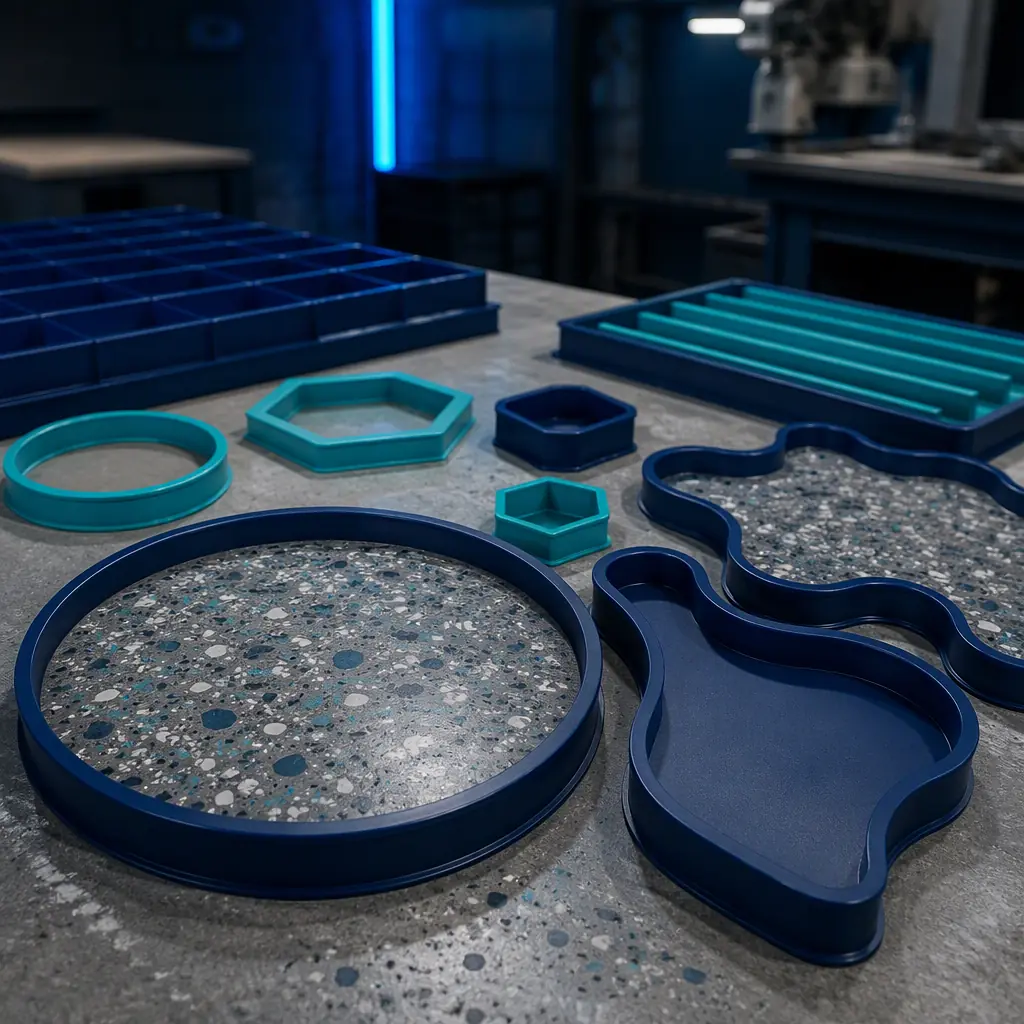 3D printed PP mold forms and edge dams for cast flooring on a concrete work surface, terrazzo aggregate visible, construction site lighting, photorealistic, no people, no text, no logos
