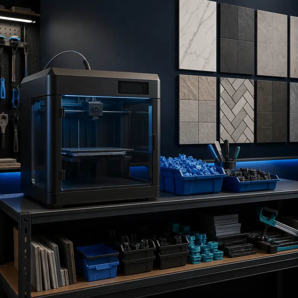 3D printer on a shelf in a flooring contractor workshop next to bins of printed spacers and tools, tile samples on wall, industrial lighting, photorealistic, no people, no text, no logos