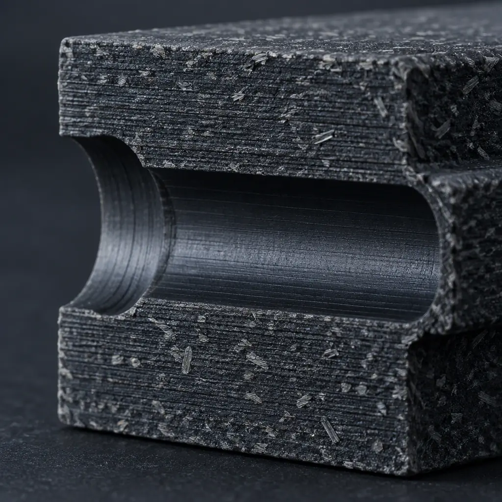 Macro 3D cross-section render of a printed polyamide block showing horizontal extrusion layers around a cylindrical internal channel, blue-grey material, dark background