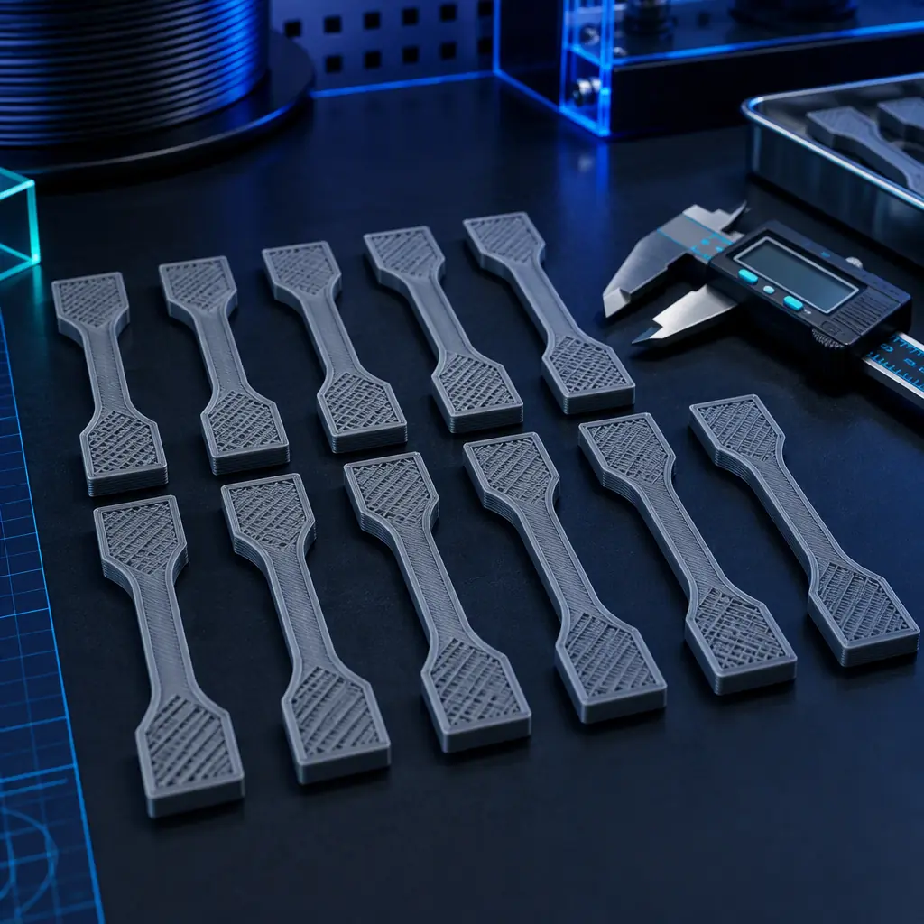 Macro photograph of an array of identical 3D printed test coupons on a dark surface showing layer lines and infill patterns, with a digital caliper resting beside them