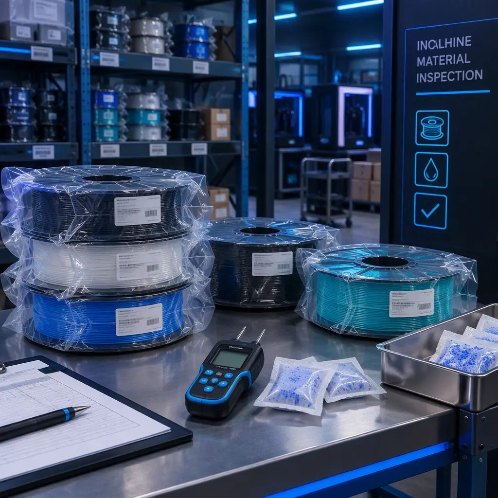 Photograph of an incoming material inspection station at a 3D printer factory with sealed filament spools on a receiving table, a moisture meter and desiccant packs