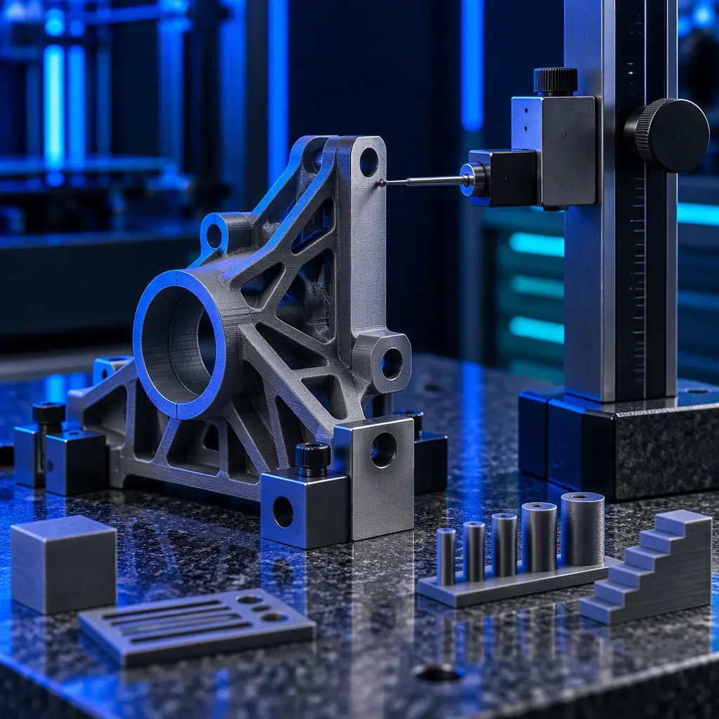 Macro close-up of a first article inspection of a freshly printed engineering part held on a surface plate with a height gauge probe touching its face