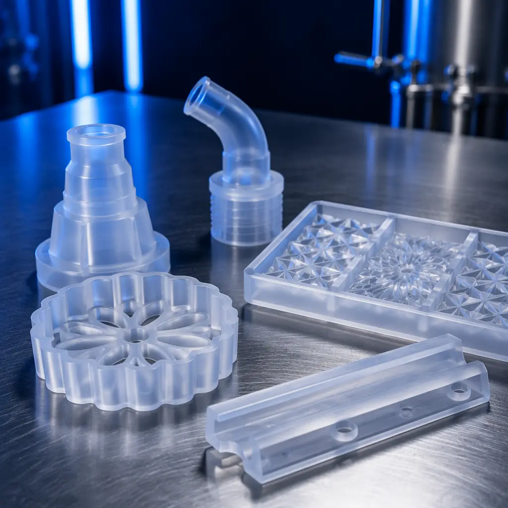 Array of 3D printed food-contact components on clean stainless steel surface: custom pastry cutter, chocolate mold, beverage nozzle adapter, and food processing guide rail, all in translucent food-grade PETG, commercial kitchen lighting