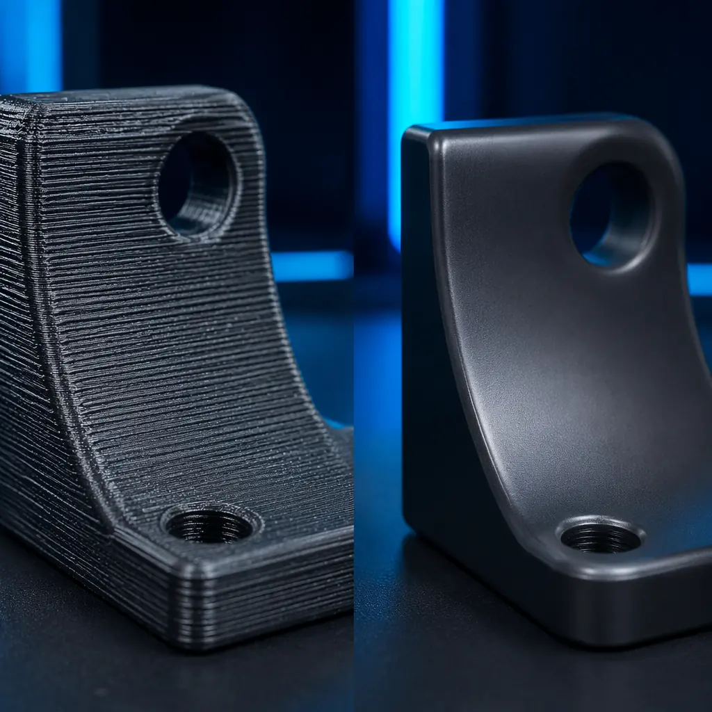 Close-up macro comparison of two 3D printed surfaces side by side: untreated FDM surface showing visible layer lines and micro-crevices on left versus vapor-smoothed food-grade surface on right, both under bright inspection lighting on stainless steel surface