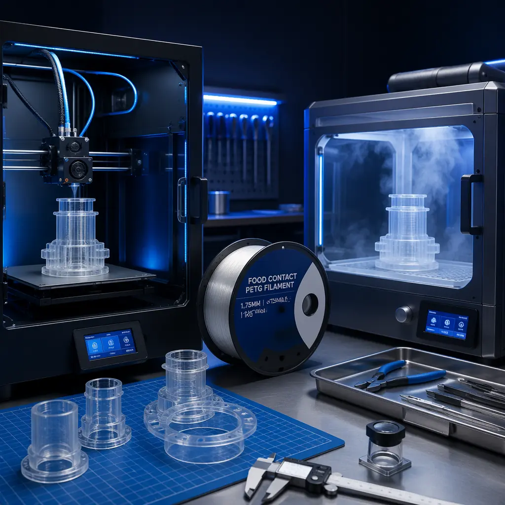 Professional food-grade 3D printing workstation: enclosed FDM printer with stainless steel nozzle printing transparent PETG food-contact component, spool of food-grade filament with compliance label visible, post-processing vapor smoothing station nearby, clean room environment