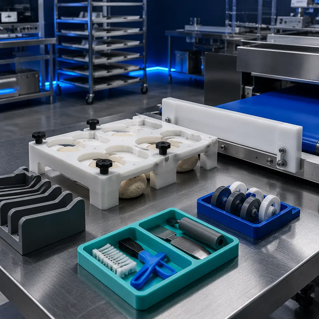 Professional kitchen environment with 3D printed food processing components in use: custom dough portioning jig on stainless steel prep table, color-coded PETG tool organizers, and food-grade PP conveyor guide rail, commercial bakery setting with clean surfaces
