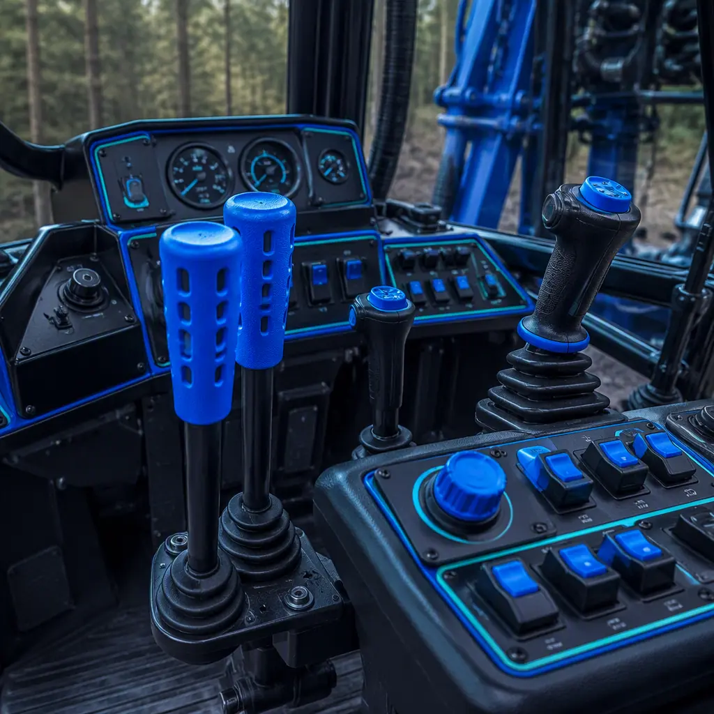 3D printed hydraulic lever knobs and control panel parts installed in a feller buncher cab, forestry machine interior, photorealistic, no people, no text, no logos