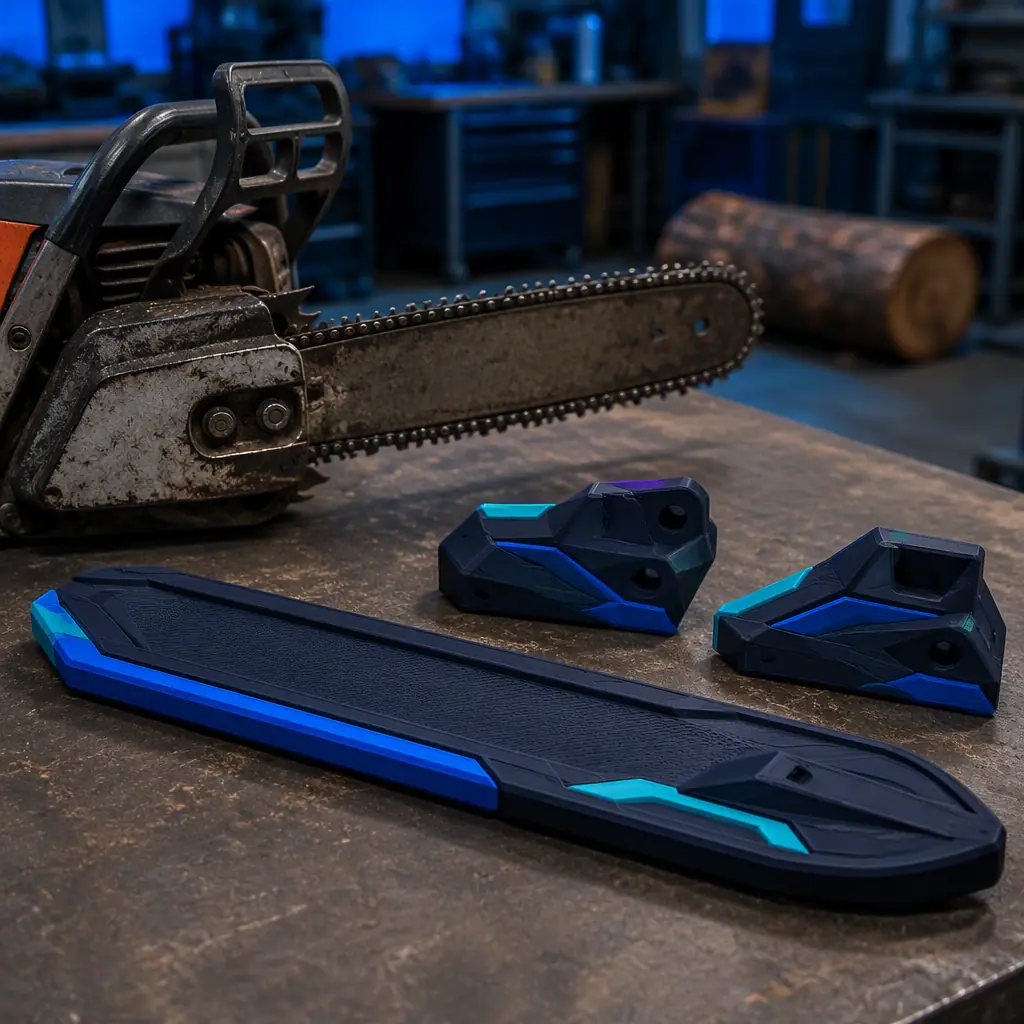 3D printed chainsaw guide bar scabbard and chain brake covers on a workbench next to a chainsaw in a logging shop, photorealistic, no people, no text, no logos