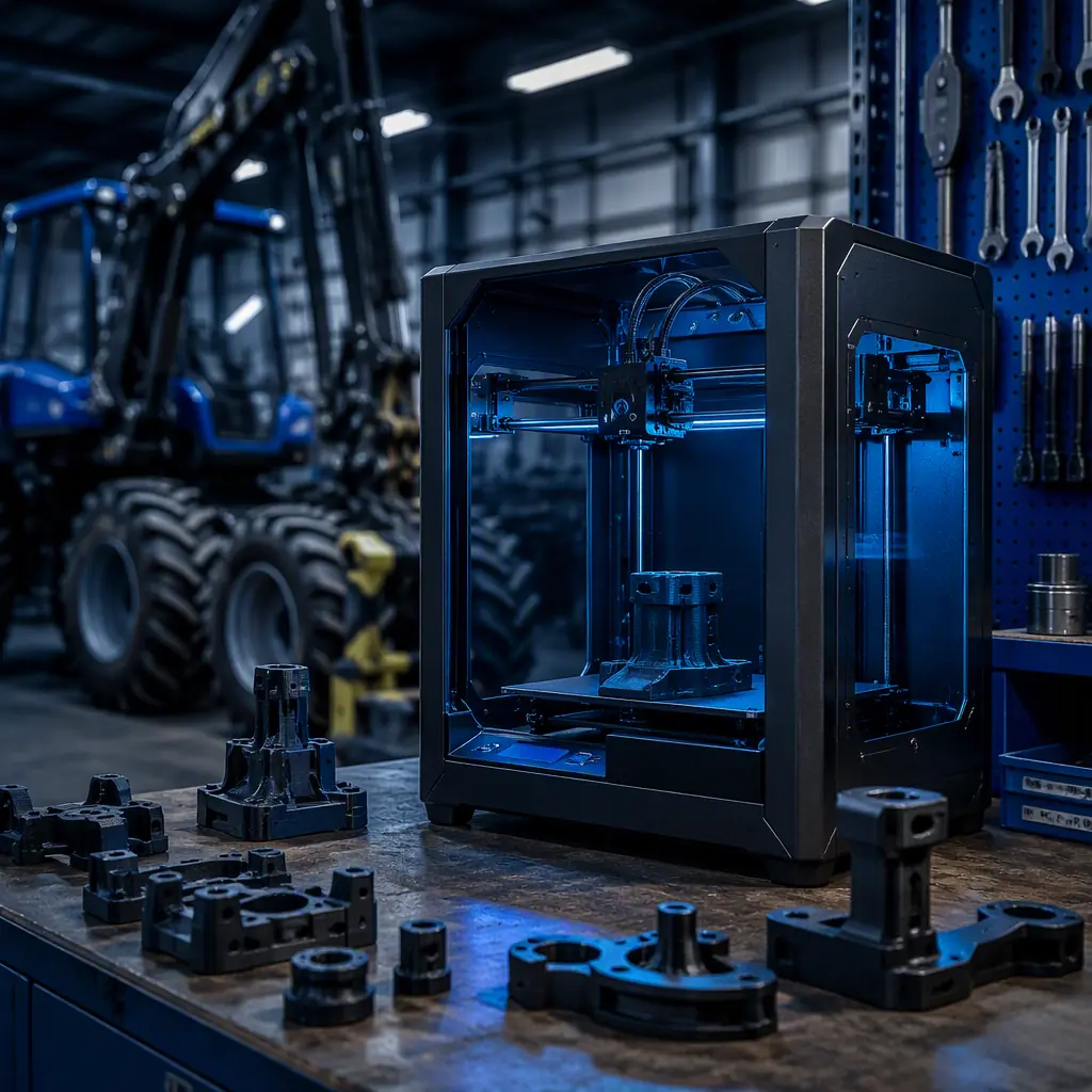 Enclosed 3D printer running in a logging equipment service shop, printed PA-CF spares on the workbench, forestry machinery in background, photorealistic, no people, no text, no logos