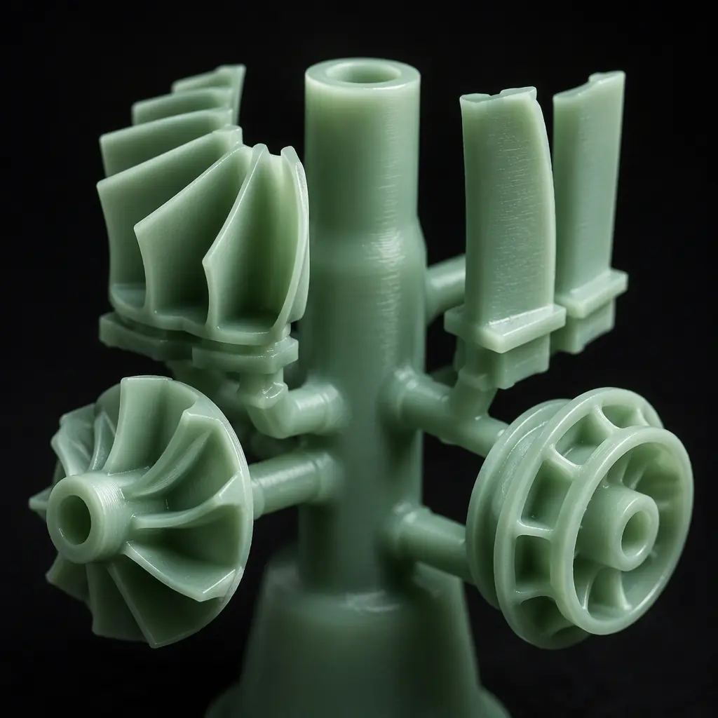 3D printed investment casting wax pattern tree with turbine blade and pump impeller patterns on a central sprue