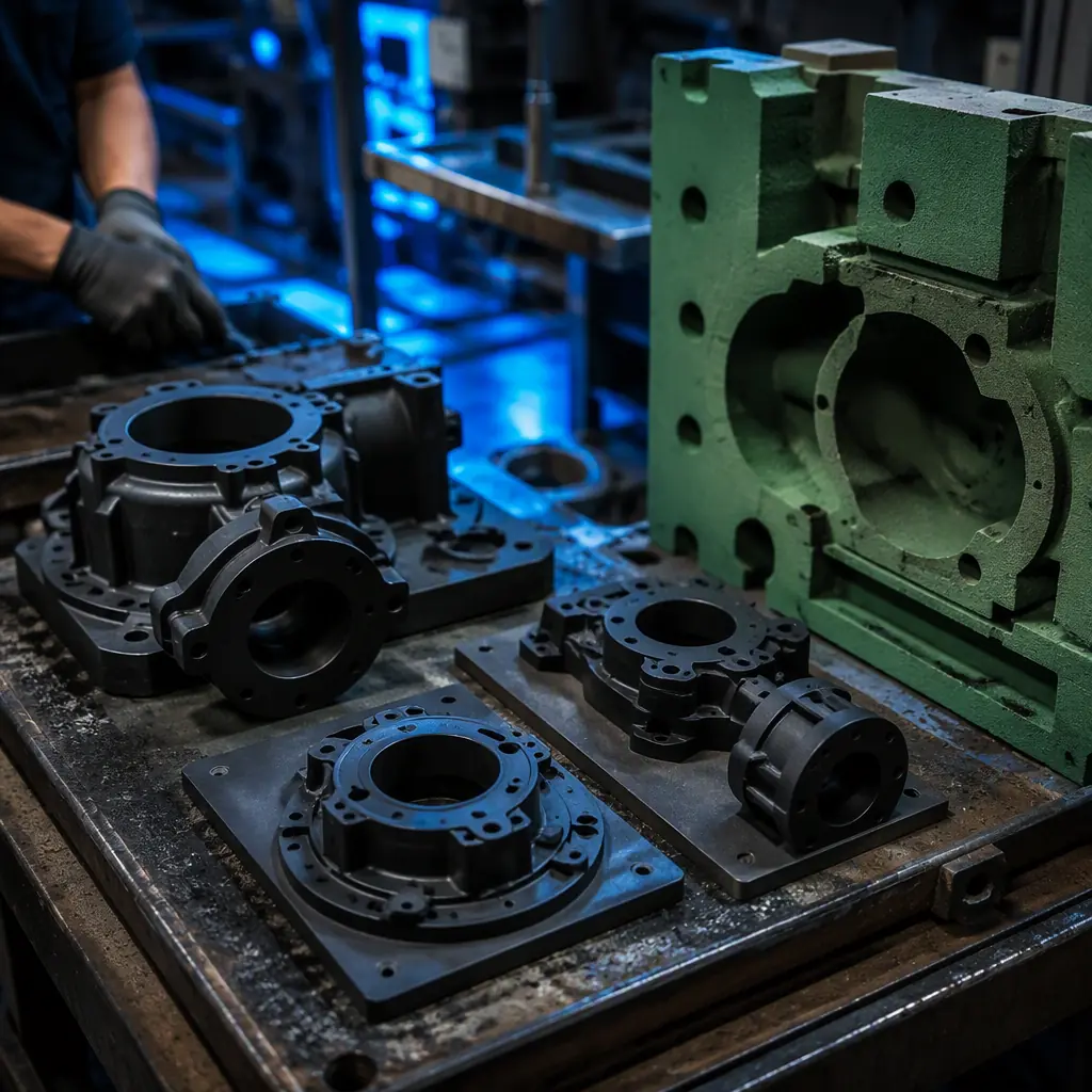 3D printed sand casting pattern plates for pump housings and valve bodies on a foundry molding bench