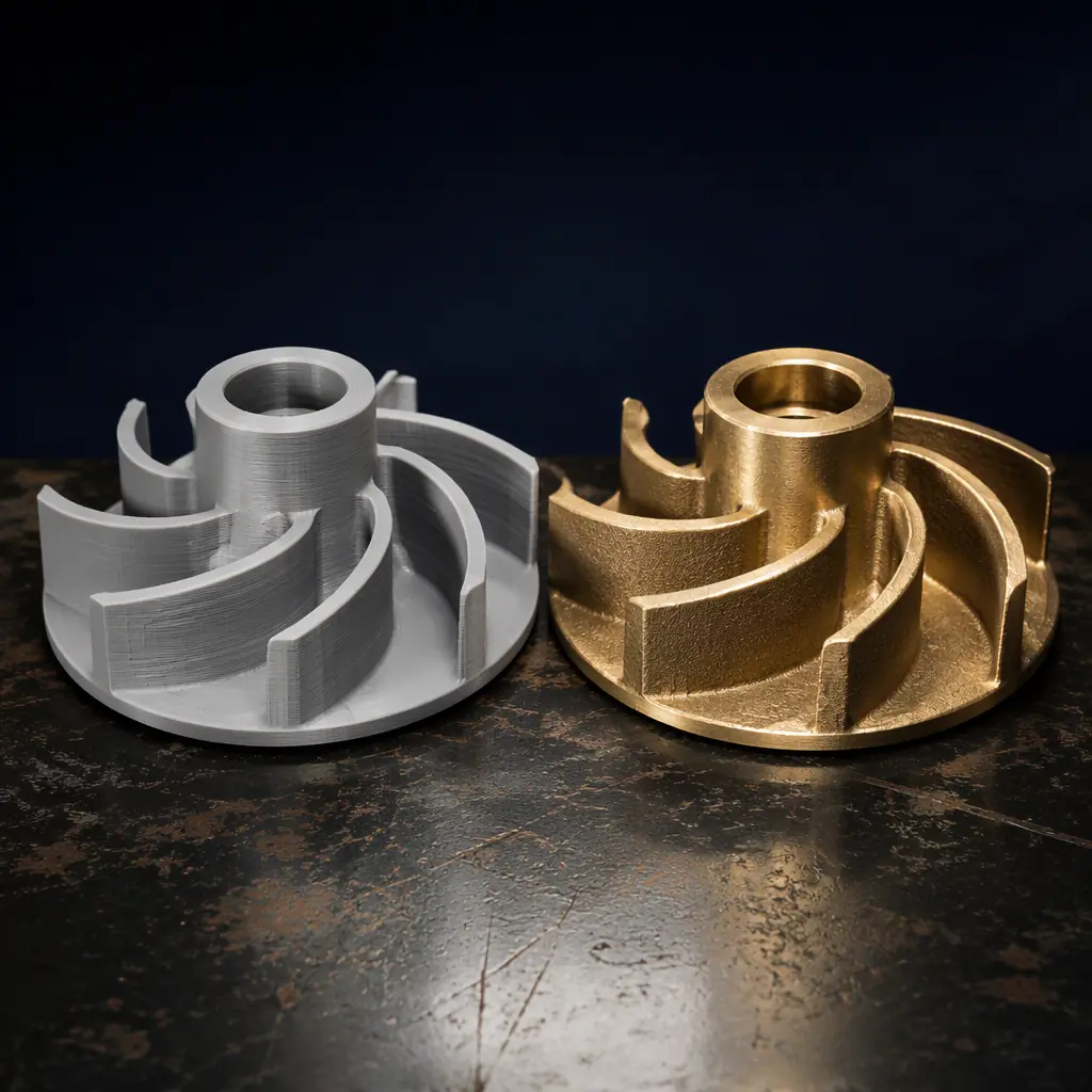Raw 3D printed pattern beside the finished brass pump impeller casting on a dark foundry table