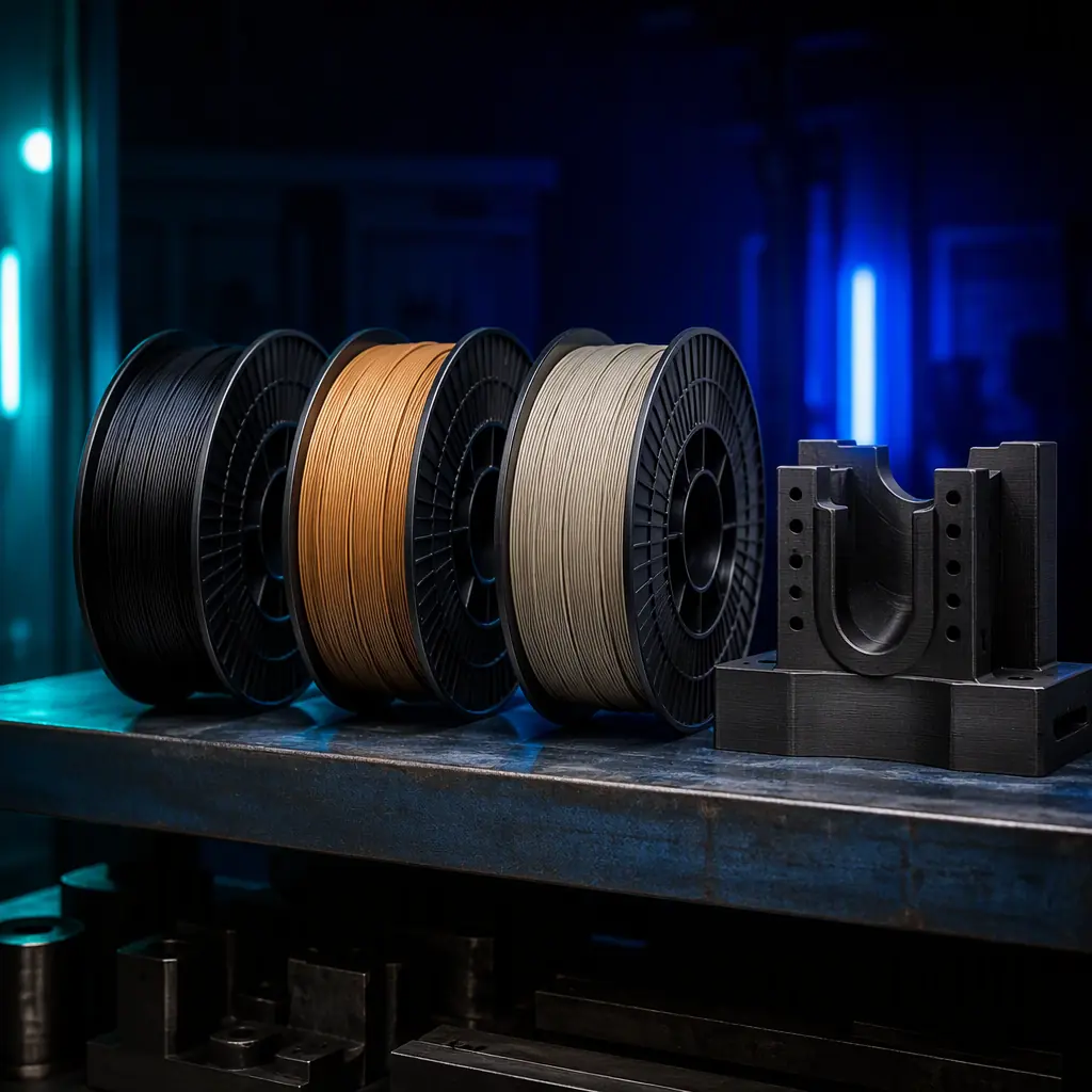 Spools of high-temperature PEEK, PEI and PA12 filament on a foundry workshop shelf with printed tooling