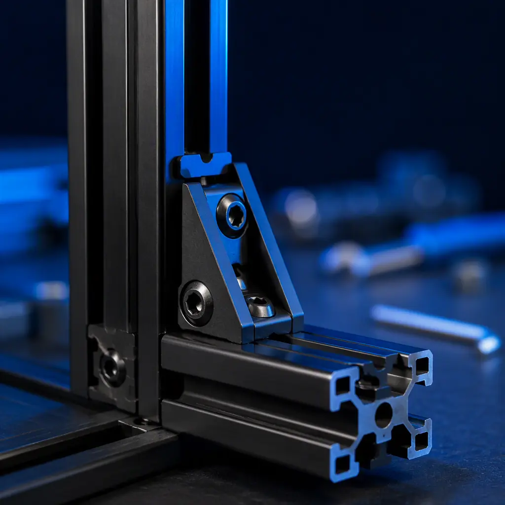 Close-up of 3D printer aluminum extrusion frame corner bracket, T-slot profile visible, bolts and T-nuts in sharp focus, engineering laboratory setting