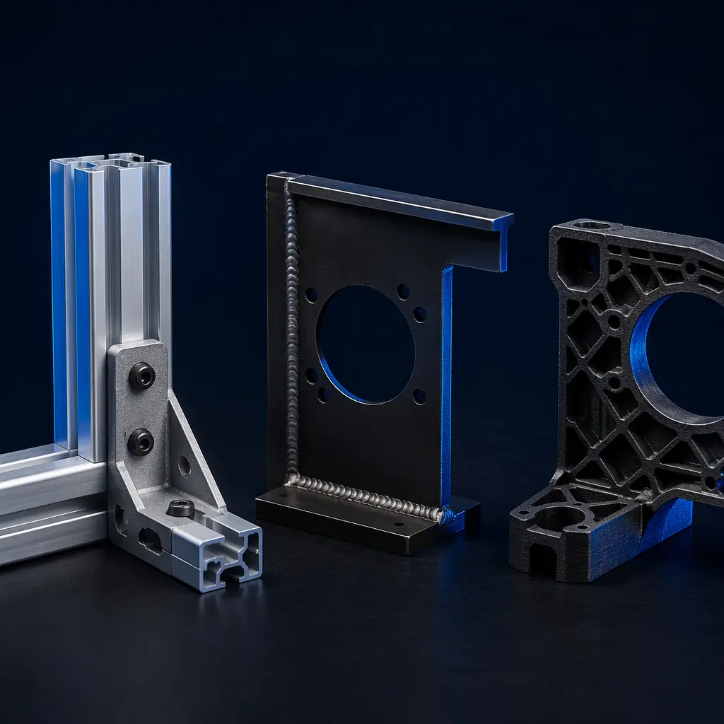Side-by-side comparison of 3D printer frame types: 2020 aluminum extrusion corner, welded steel gantry plate, and injection-molded polymer base, studio photography on dark surface