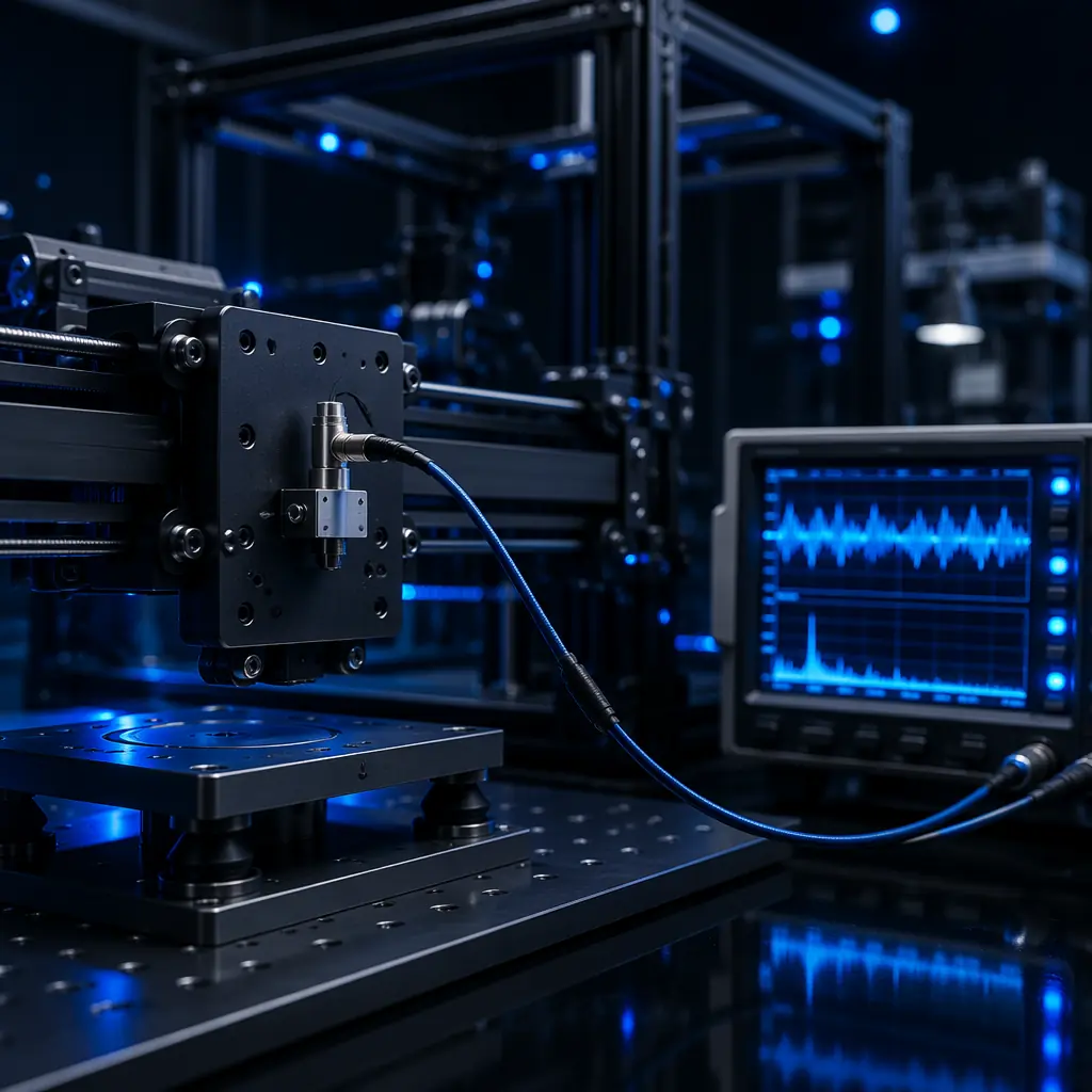 3D printer frame undergoing vibration testing with accelerometer attached to toolhead mount, laboratory test setup with data acquisition cables visible