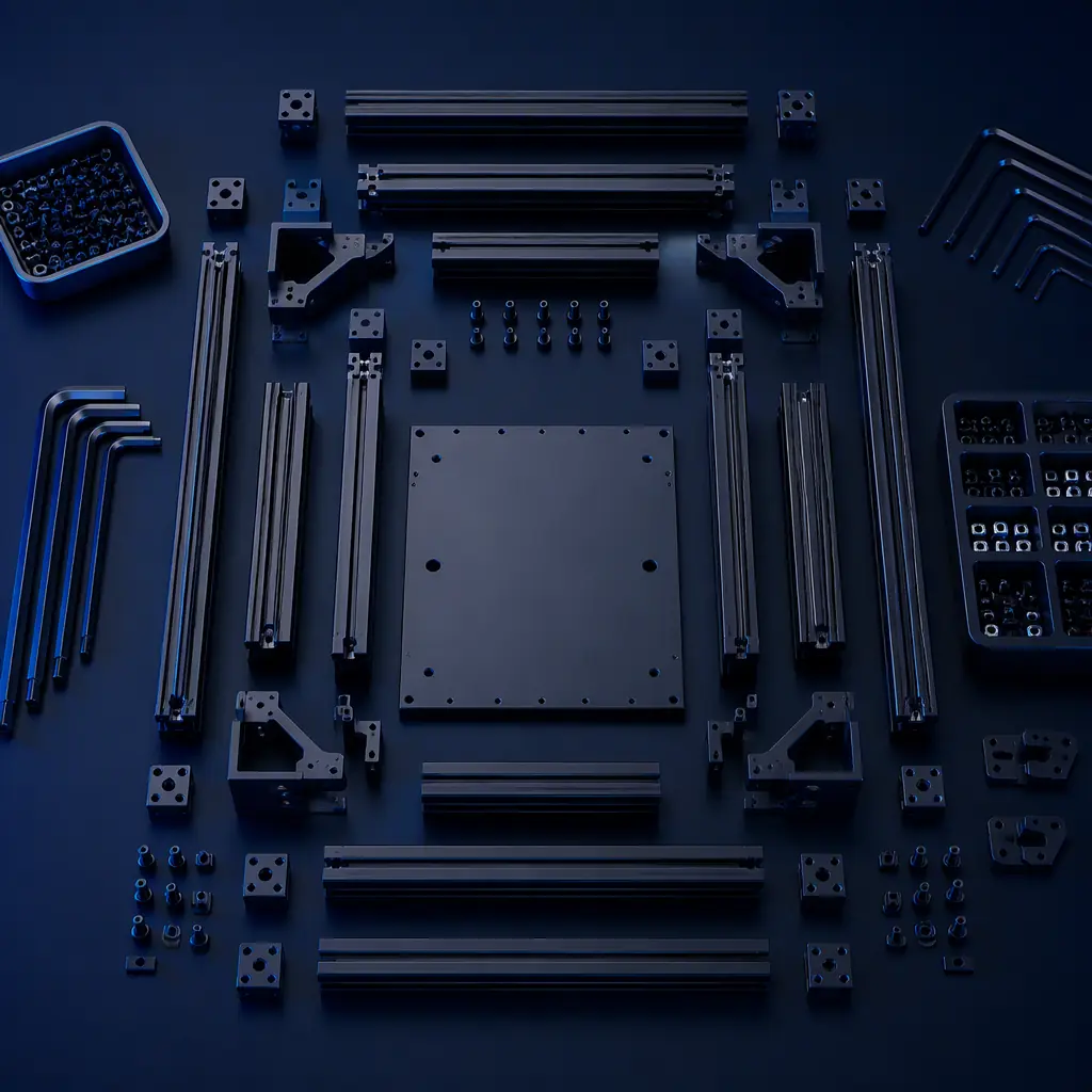 Exploded view of 3D printer frame assembly with aluminum extrusions, corner brackets, T-nuts, and base plate, clean workshop bench with assembly tools