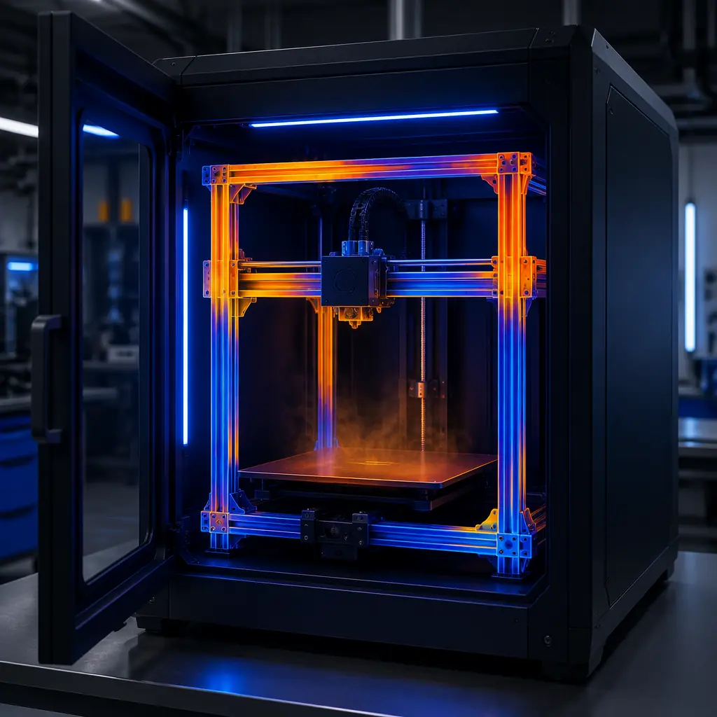Enclosed 3D printer with heated chamber door open, visible aluminum frame and linear rails inside, thermal imaging color overlay on key frame members
