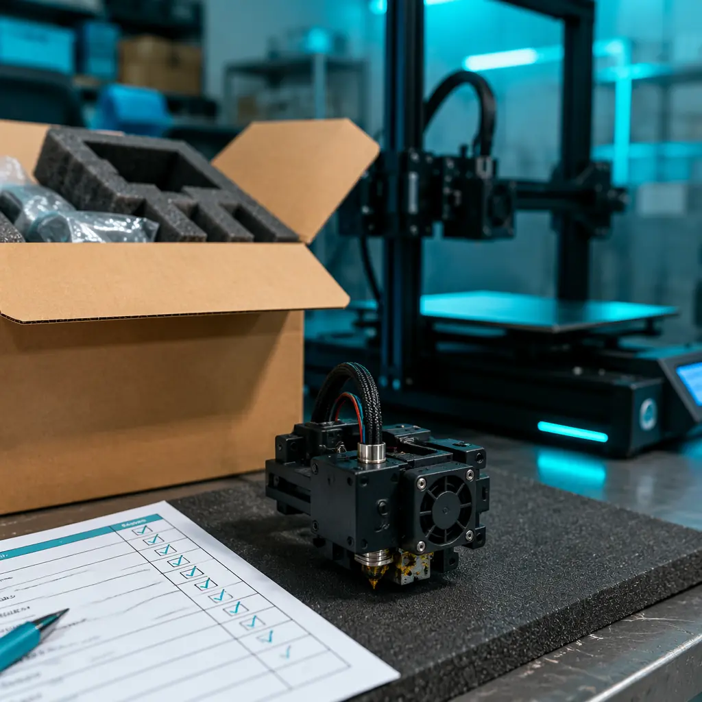 Fraud prevention documentation workspace — laptop displaying RMA dashboard, serial number sticker on 3D printer, barcode scanner, stack of return authorization forms, professional B2B distribution quality control environment, navy and steel blue tones