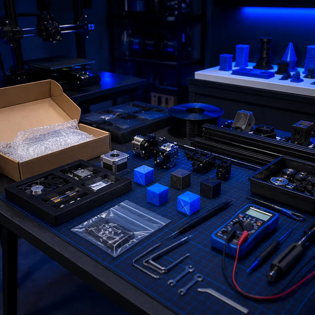 RMA inspection station — technician photographing returned 3D printer serial number sticker with smartphone, inspection checklist on clipboard, print-hour counter visible on LCD screen, test bench with tools and calibration equipment, professional navy and steel blue industrial quality control environment