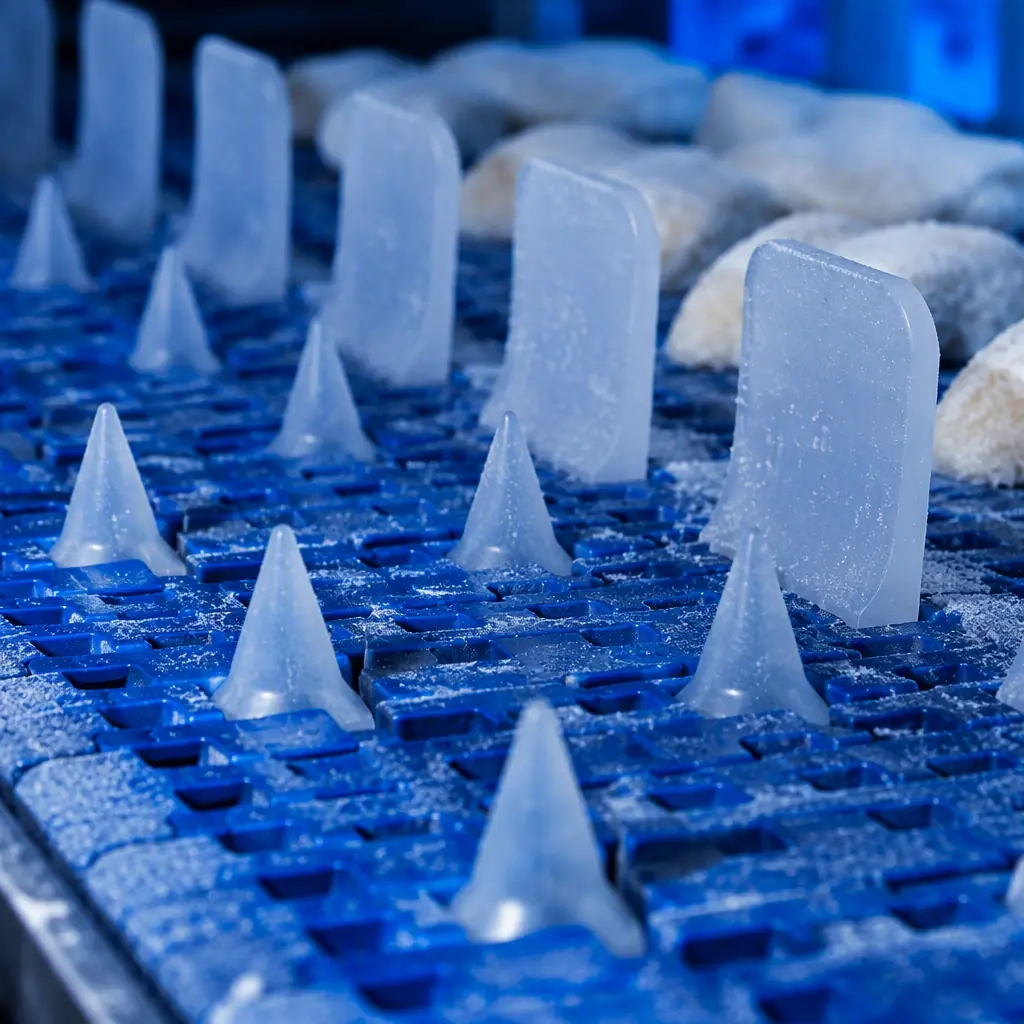 Macro close-up of 3D printed rigid-TPU IQF belt spikes and product pushers on a frozen-food conveyor link belt, light frost and ice crystals on the surface, cold blue industrial lighting with electric blue accent, deep navy ambient, no text