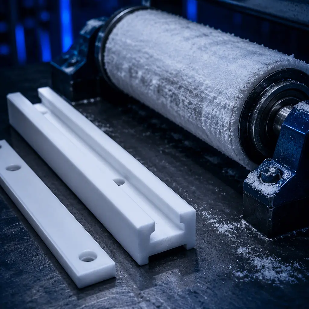 3D printed UHMWPE-compatible guide rail and wear strip beside a frozen-food conveyor roller with light frost, close-up on a dark maintenance bench, cold industrial lighting with electric blue accent, no text
