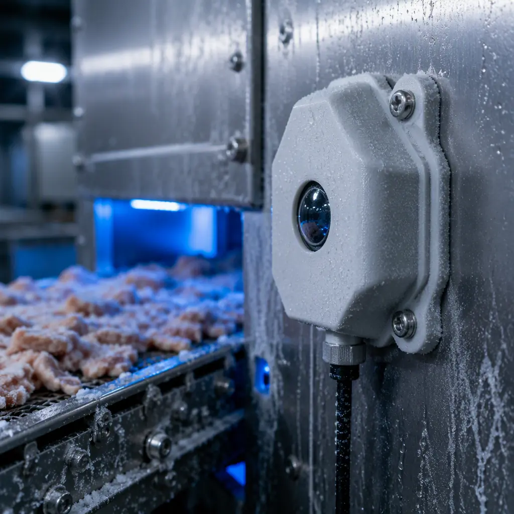 3D printed sensor housing and gasket rated for thermal shock, mounted on a stainless frozen-food processing machine with condensing moisture and frost, cold industrial lighting with electric blue accent, no text