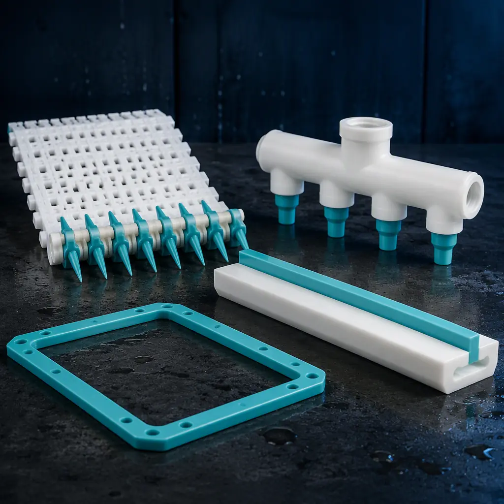 Array of 3D printed frozen-food plant spares on a dark maintenance bench: IQF belt spike, air-curtain nozzle, conveyor wear strip, washdown housing gasket, cast in cold-conditioned food-grade polymer with a subtle teal brand-free accent, deep navy background, precision engineering lighting, no text
