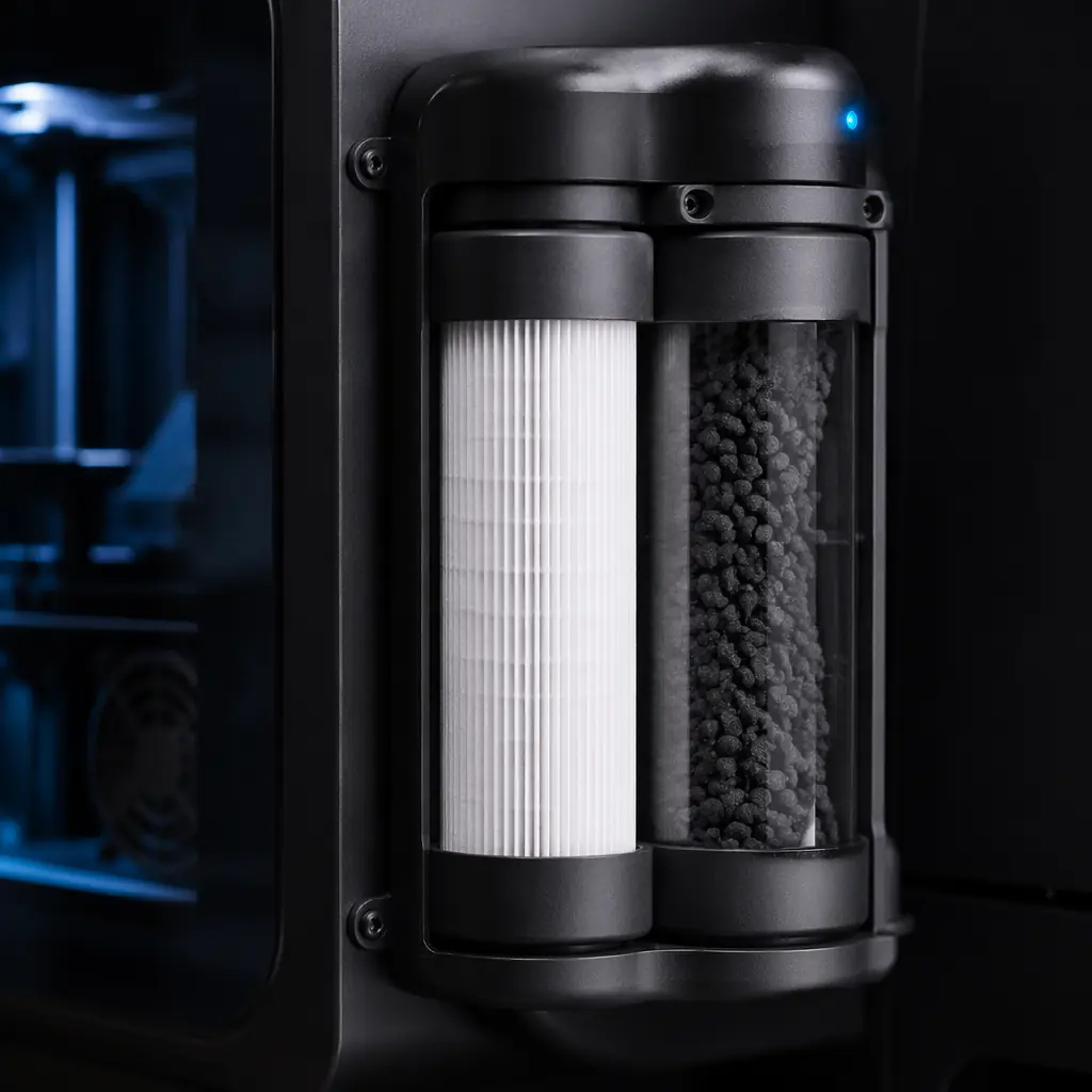 Enclosed 3D printer with visible HEPA filtration unit mounted on side, active carbon filter canister, LED chamber lighting, modern industrial design with clean lines, studio photography on dark background
