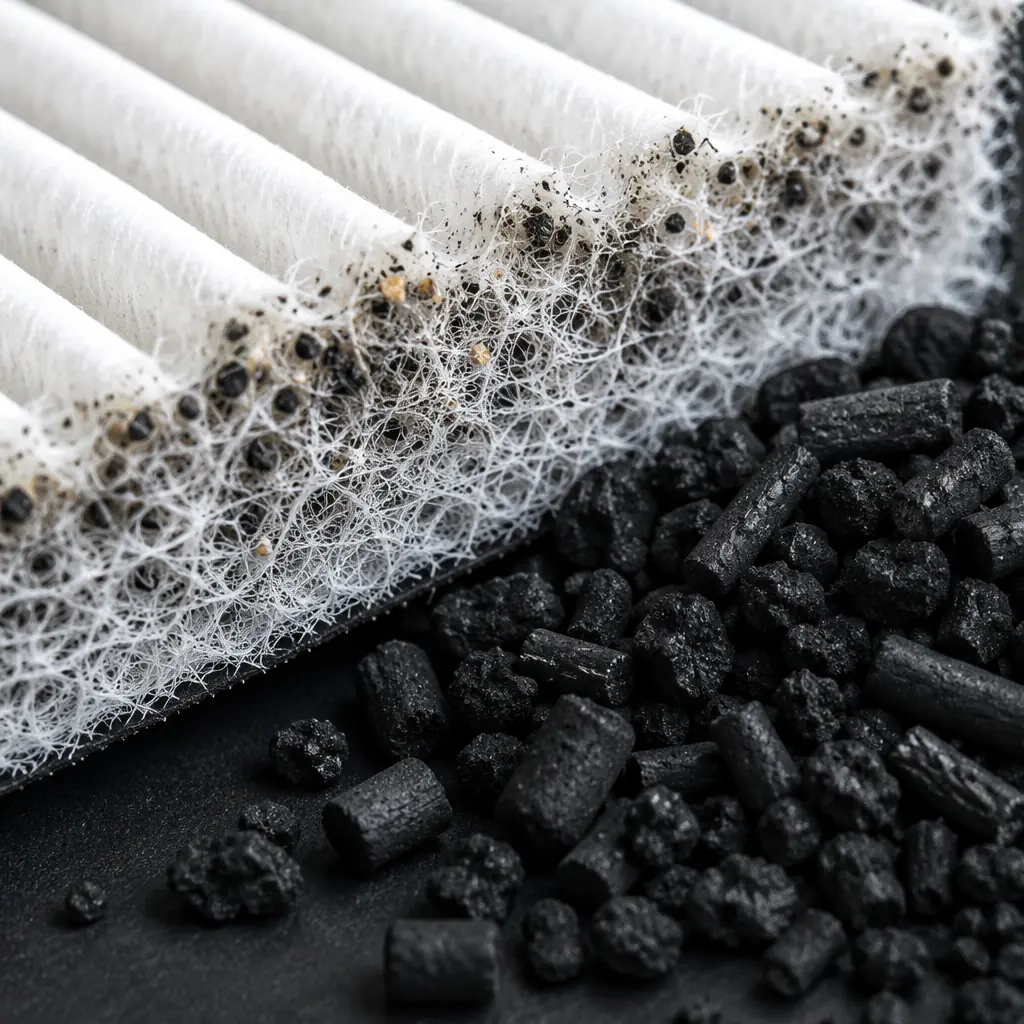 Close-up photograph of HEPA filter media and activated carbon pellets from 3D printer filtration unit, macro shot showing filter fiber structure and granular carbon texture, laboratory-style lighting on dark surface