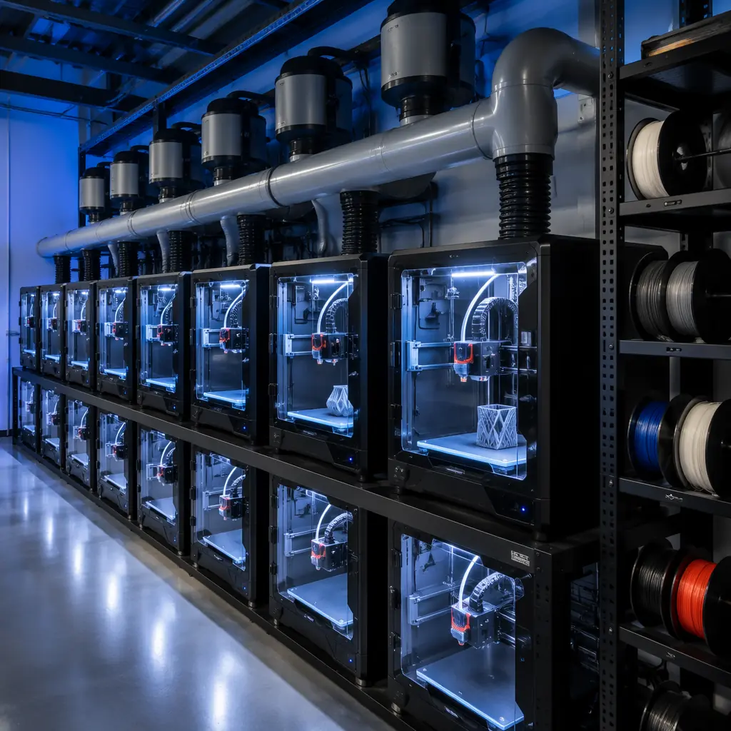 Row of enclosed 3D printers in print farm setting, LED-lit chambers visible through transparent doors, ducted filtration system connecting multiple units, organized cables and filament storage, clean industrial workspace