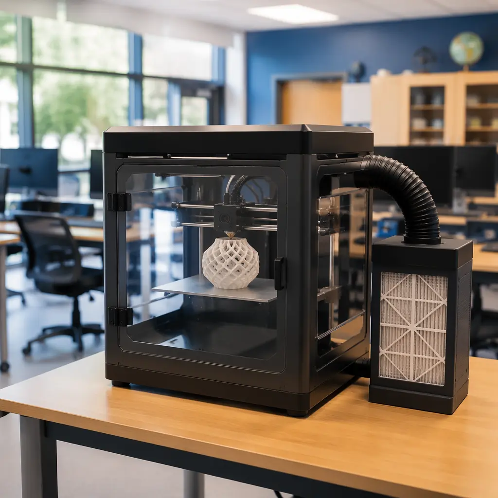 3D printer in modern classroom setting, enclosed printer with filtration system visible, students' workspaces in background blurred, clean institutional environment with good lighting, tech-forward educational space