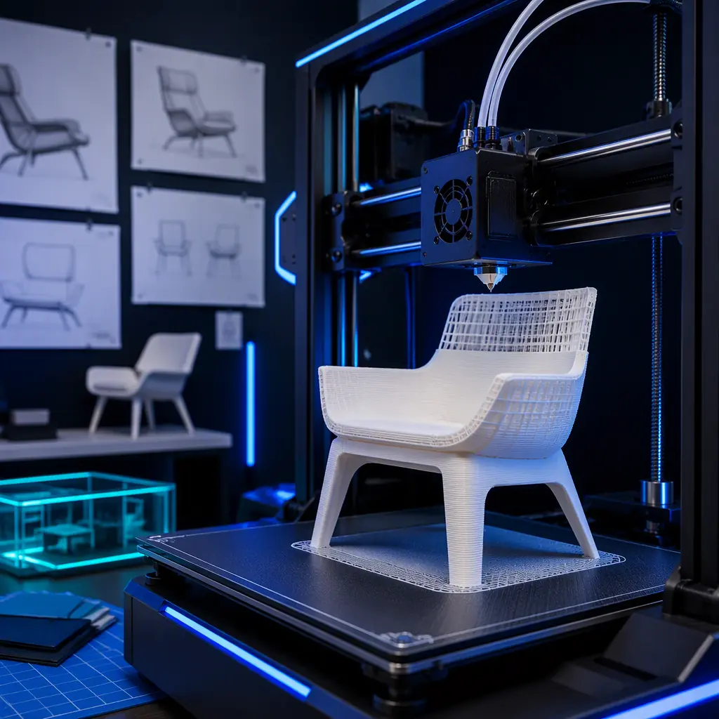3D printer in a furniture design studio printing a scale model of a chair, filament spools in brand colors beside the machine, foam prototypes and wood samples on the workbench, studio lighting