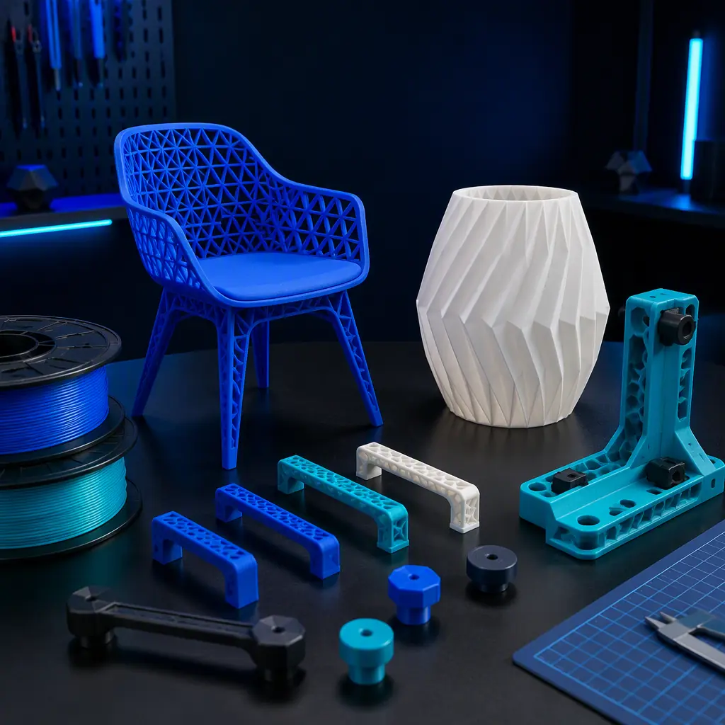 Assortment of 3D printed furniture components on a studio table: scale model chair, custom drawer pull hardware, lighting shade prototype, and a corner bracket jig, filament spools beside them, clean design studio setting