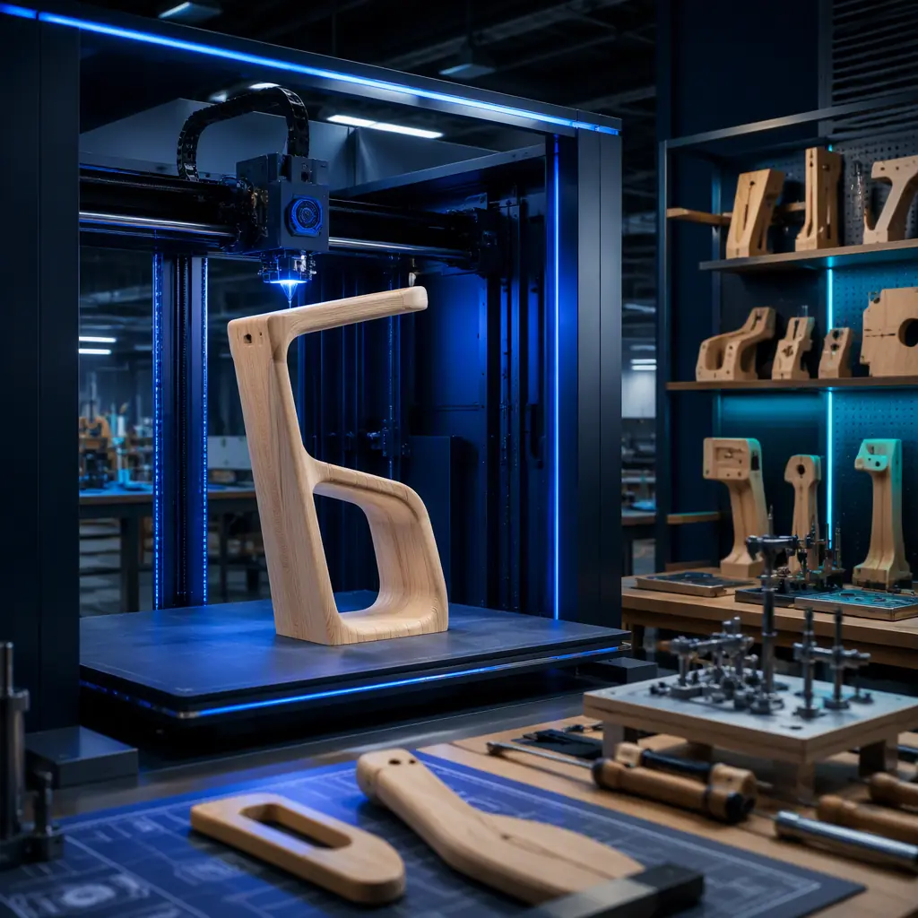 Large-format 3D printer in a furniture factory printing a full-size chair component prototype, industrial workbench with woodworking tools, jigs and fixtures on shelves, factory lighting