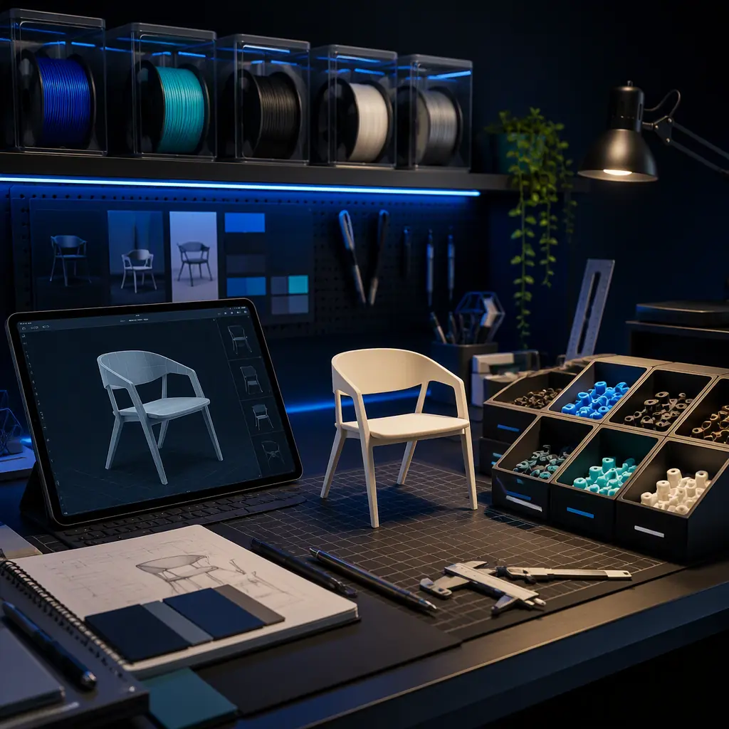 Design studio desk with a tablet showing a 3D model of a chair next to a freshly printed scale model, printed custom hardware samples in labeled boxes, filament spools in dry boxes on the shelf, warm studio lighting
