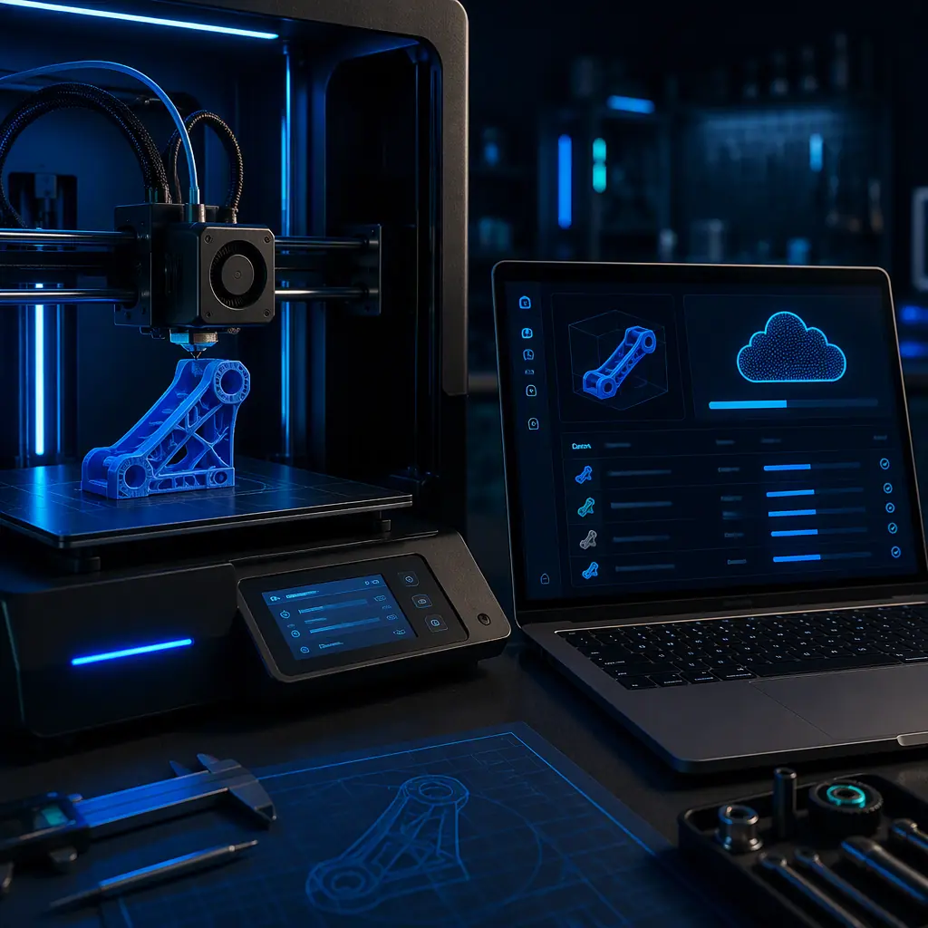 Connected 3D printer on a workbench with a laptop showing a cloud dashboard and a job history list
