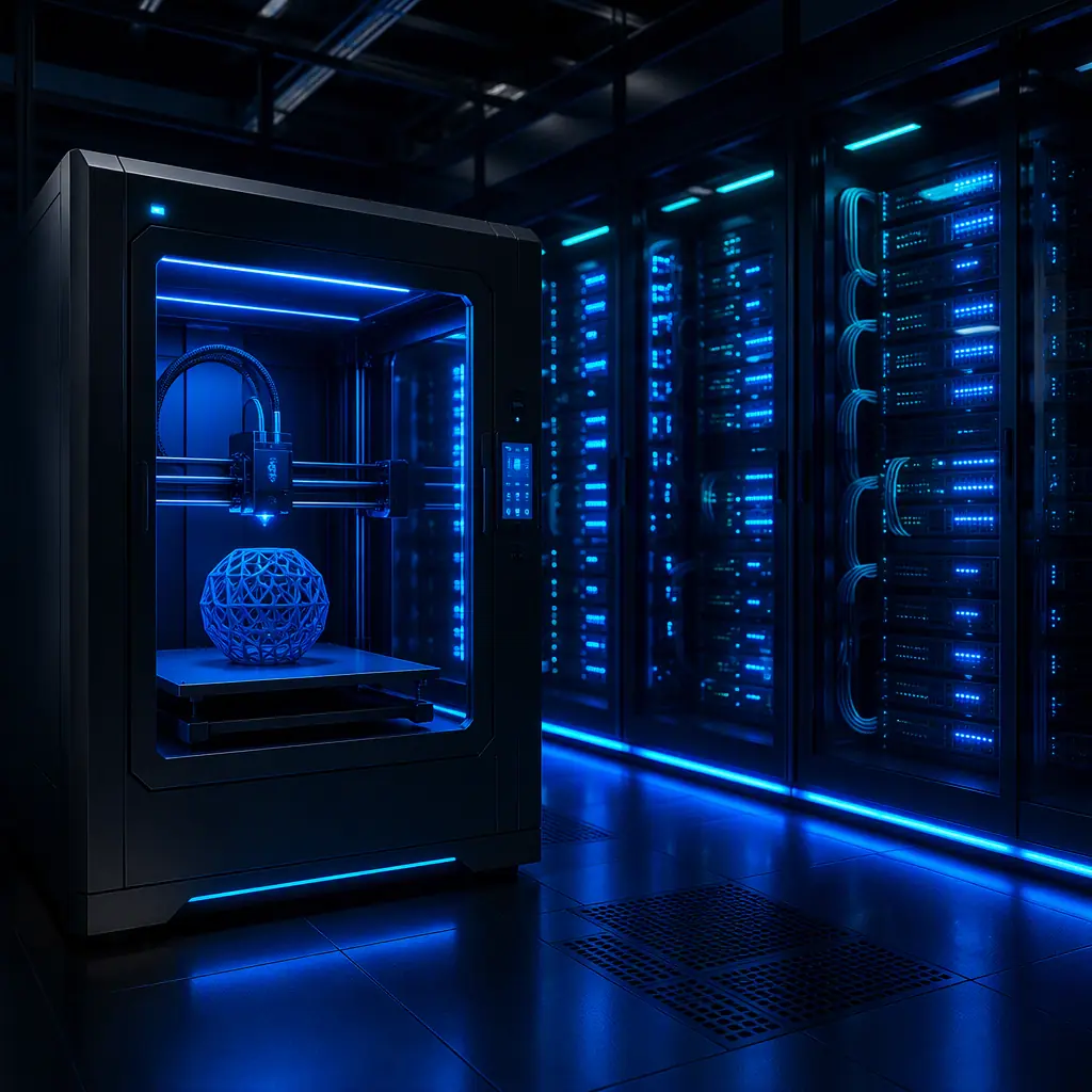 Two server racks behind glass with a padlock icon and EU map on a screen, dark navy datacenter