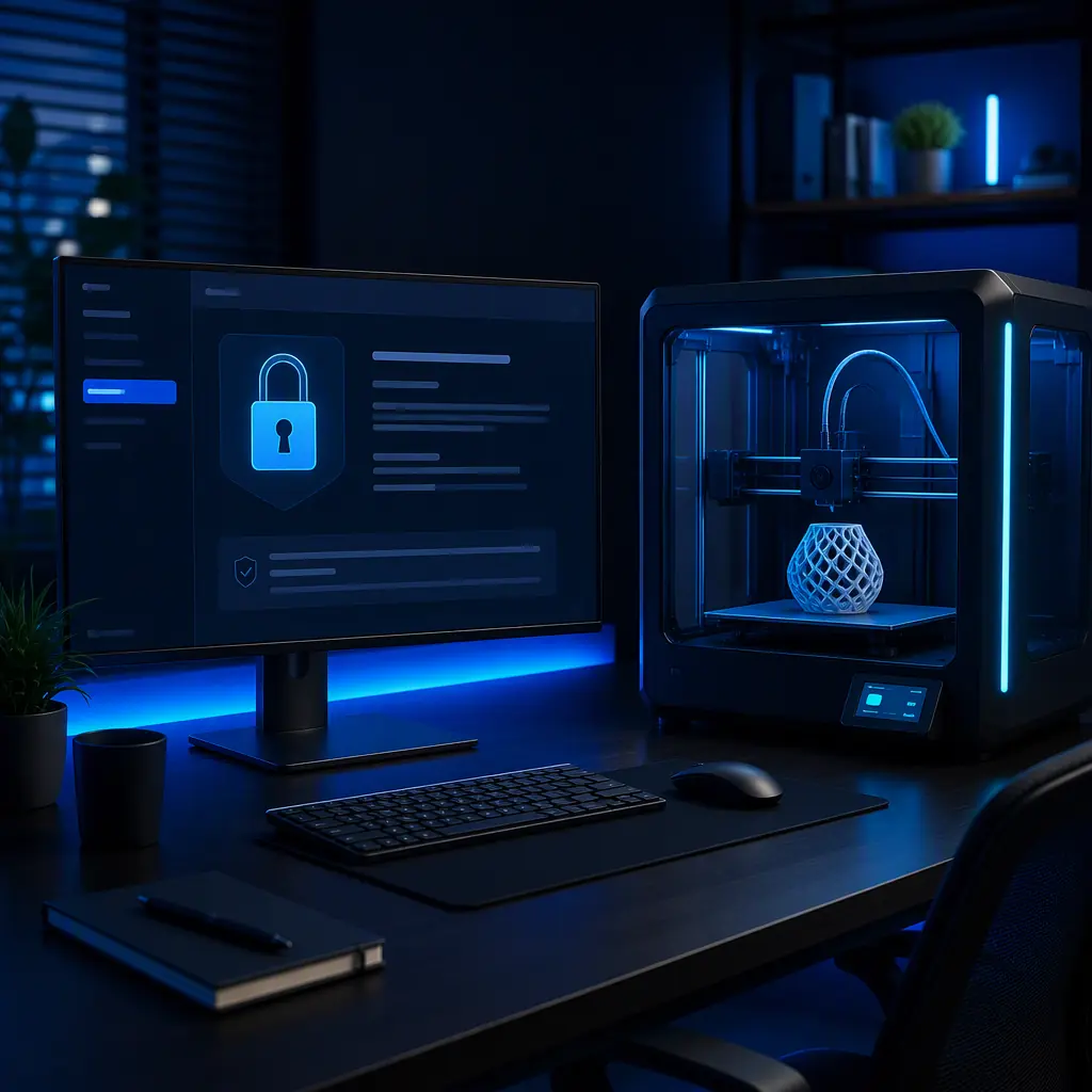 Enclosed 3D printer in a tidy office next to a desktop showing a privacy policy page and lock symbol
