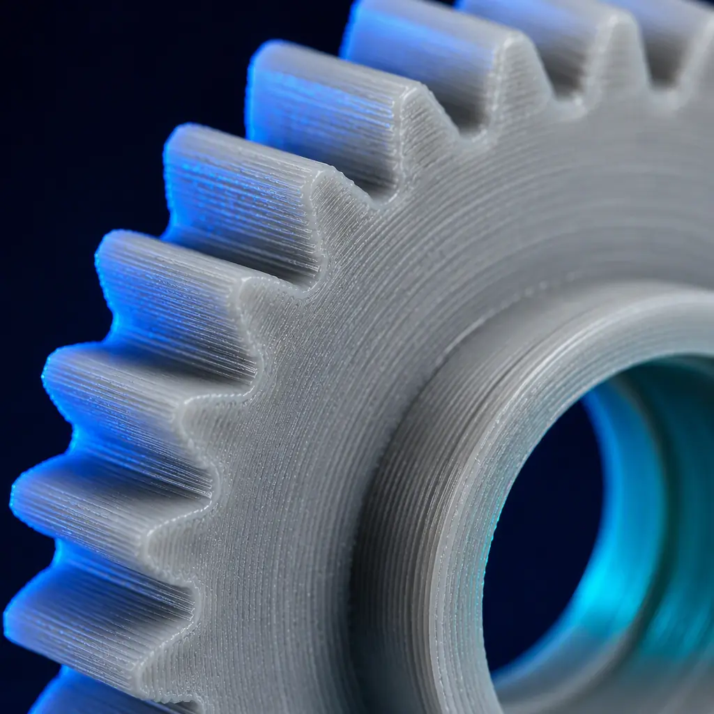 Extreme macro close-up of a 3D printed spur gear showing precise tooth profile and layer lines, nylon PA12 material, shallow depth of field, photorealistic, no people, no text, no logos