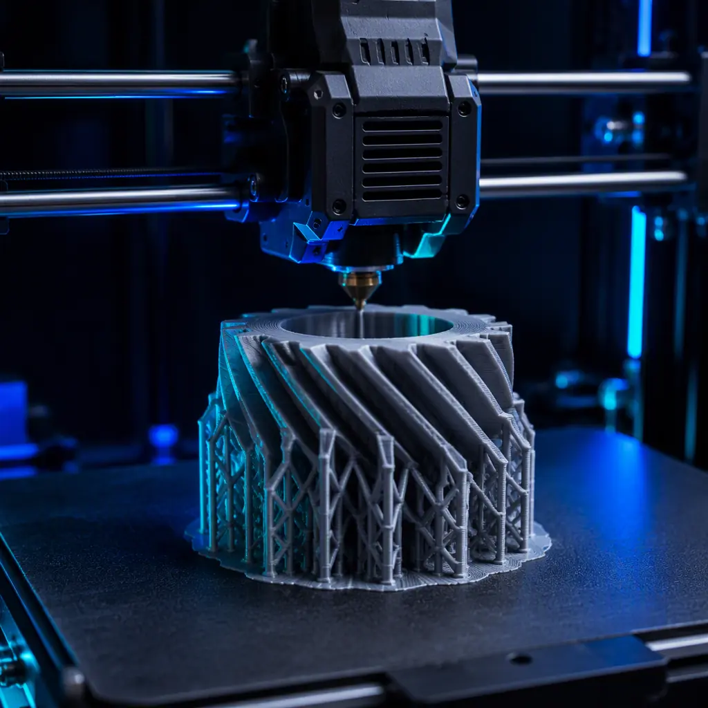 3D printer printing a helical gear with support structures, partially printed gear on the build plate, nozzle depositing filament, photorealistic, no people, no text, no logos