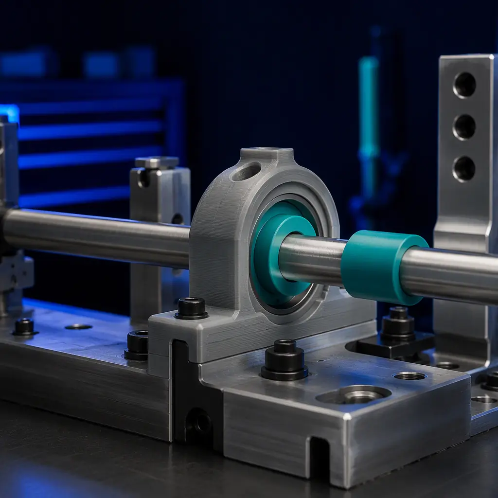 3D printed bearing housing and bushing sitting on a shaft assembly jig, metal shaft inserted through the printed bearing, engineering workshop, photorealistic, no people, no text, no logos